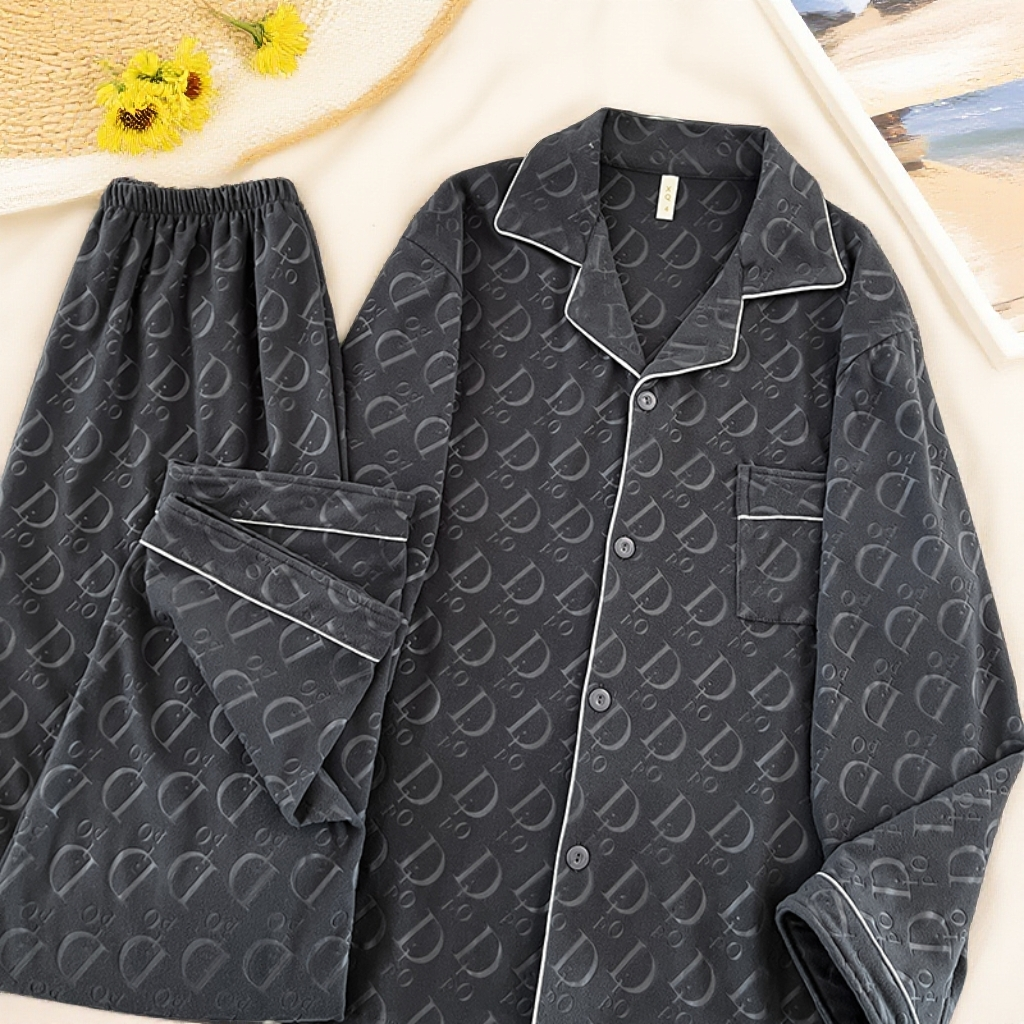 秋冬季爆款德绒睡衣男士字母D奢华开衫保暖家居服套装