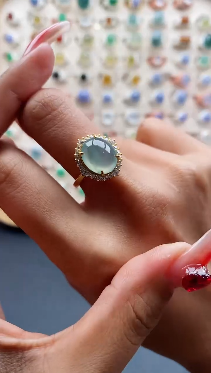 【闪购商品】翡翠戒指银S925镶嵌缅甸天然A货翡翠444  7+2