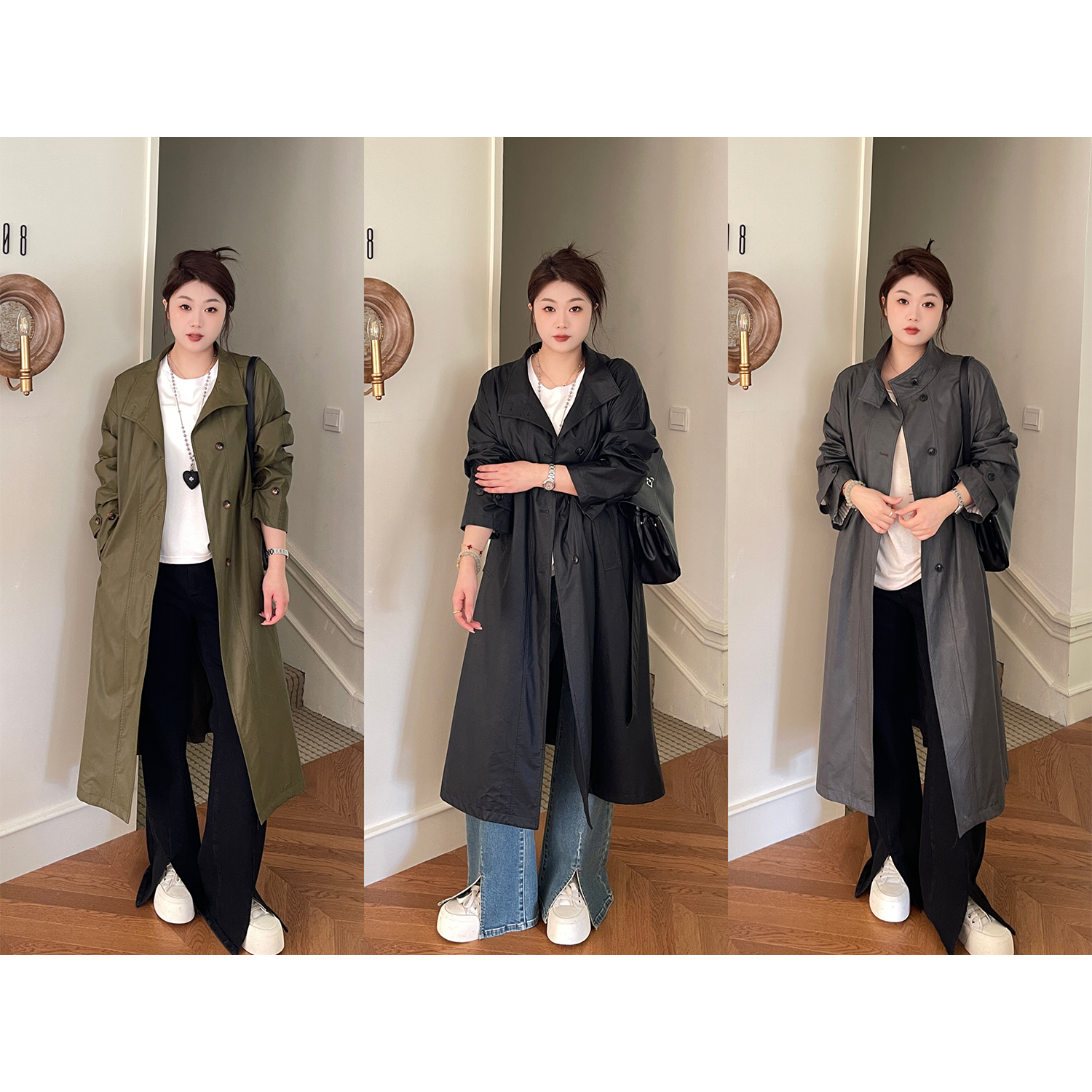 裂渡宣宣【女主归来】微胖大码女秋时尚气质长款帅气皮风衣ZY507A14