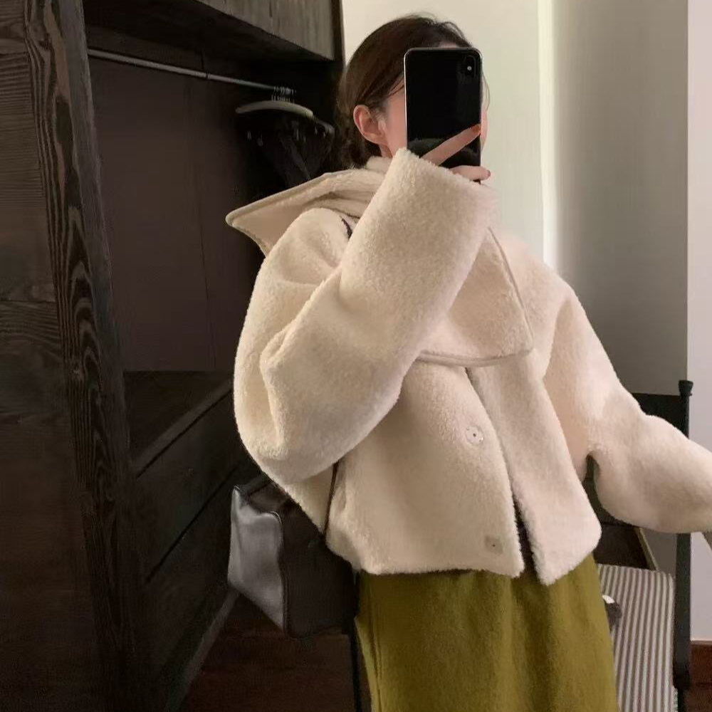 1688安妮日记 私服围巾款仿羊羔毛小斗篷外套