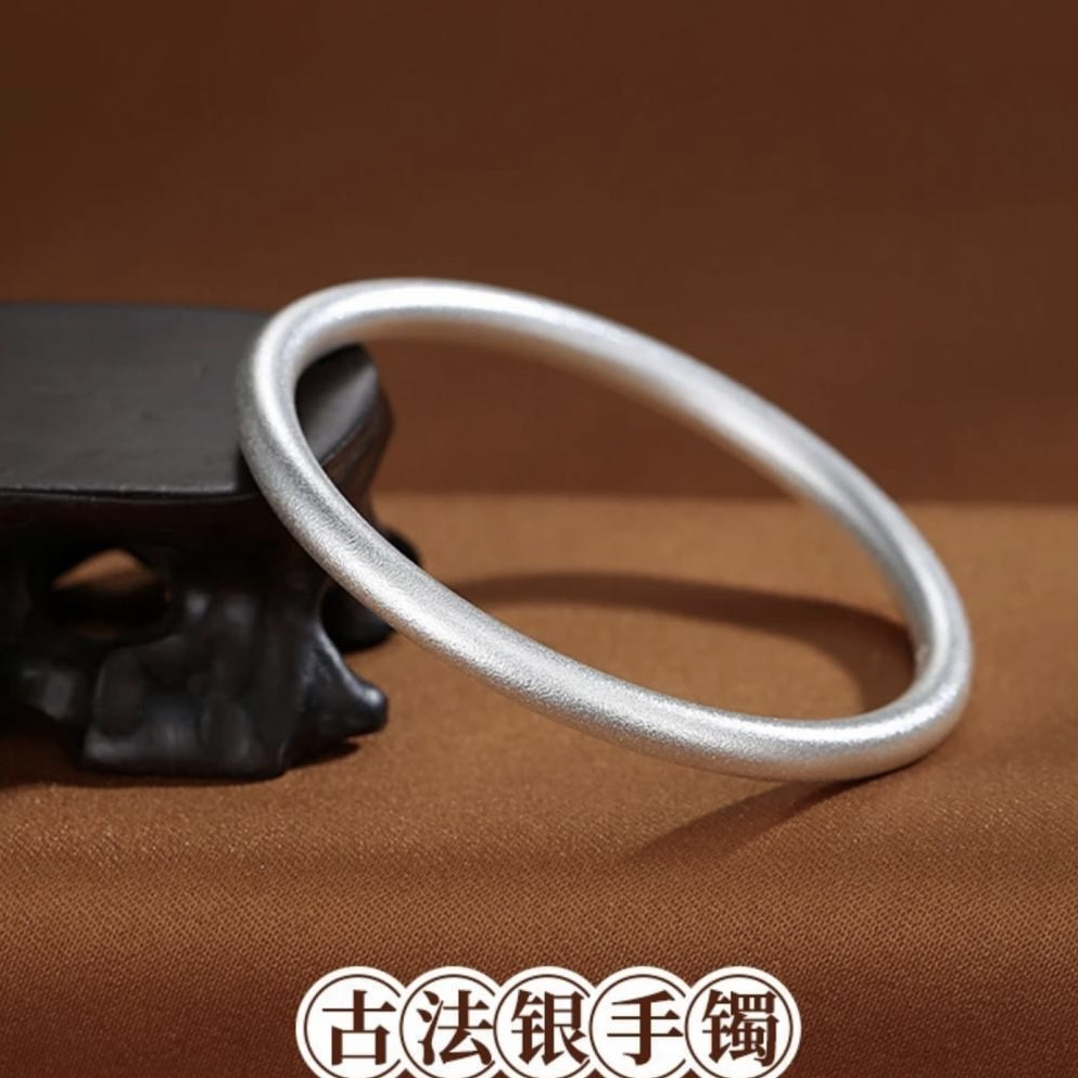 足银手镯 足银手镯足银999.9古法圆杆闭口素圈手镯简约时尚百搭款