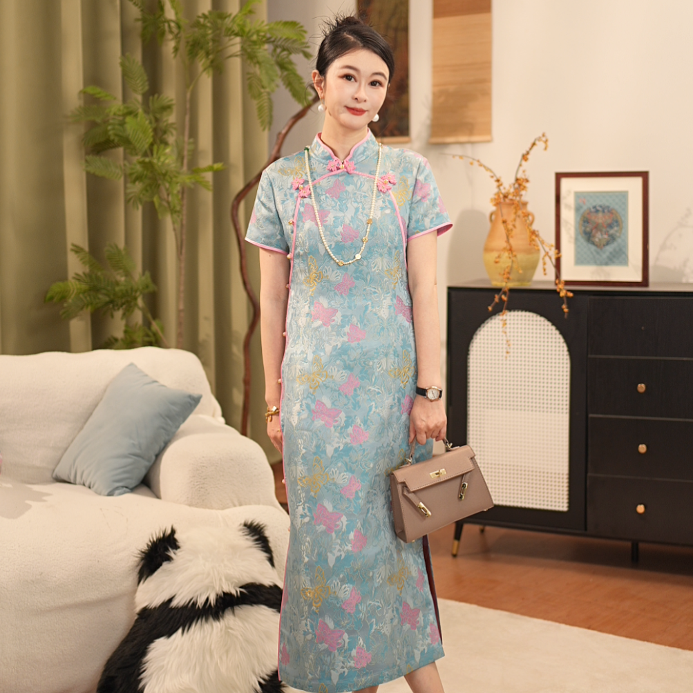 【贺贺·蝶恋花】桑蚕丝玫瑰花香宋锦旗袍裙中长款显瘦旗袍夏天J6287