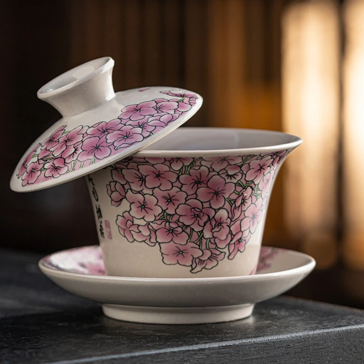 茗香瓷器 复古陶瓷花团锦簇悬停盖碗-2606