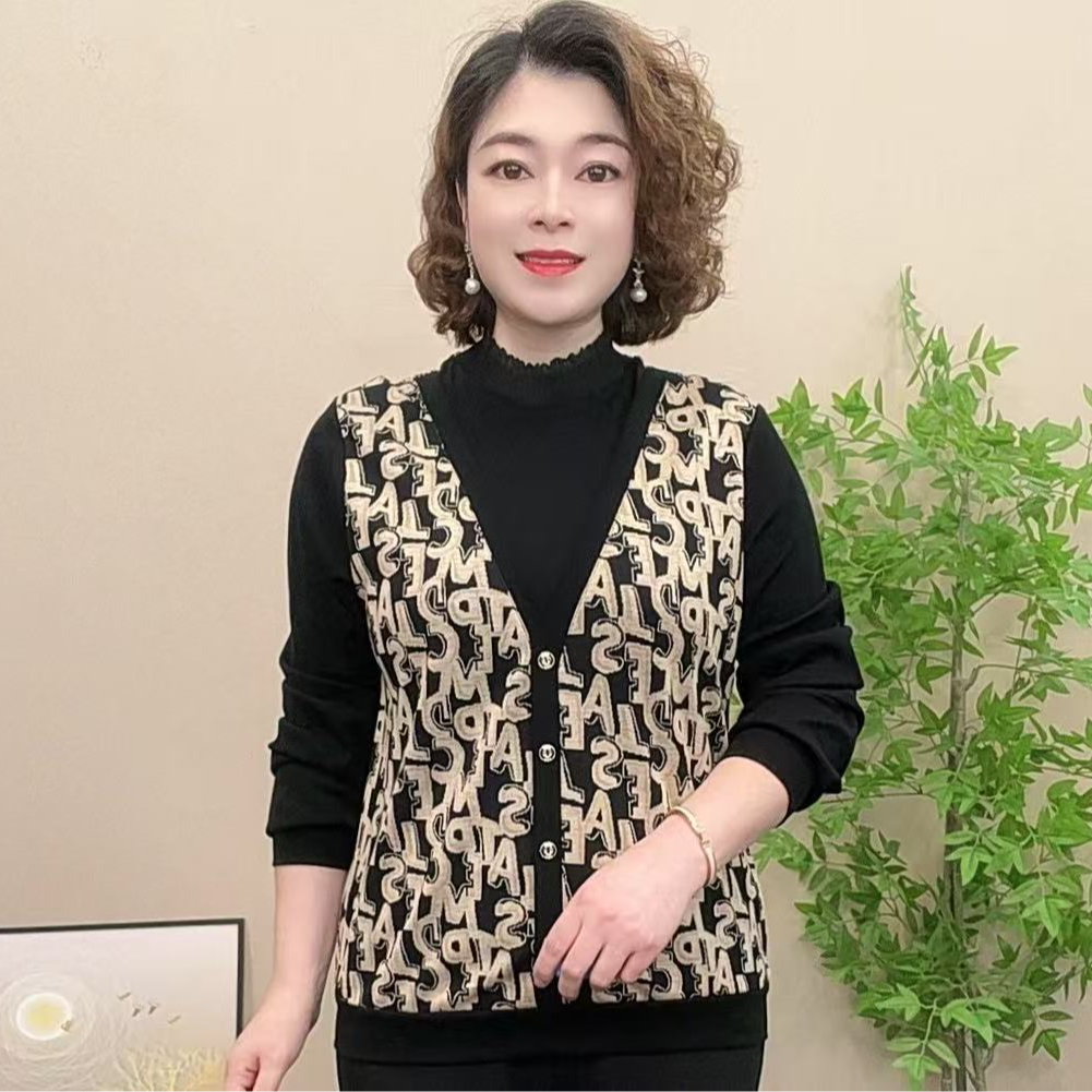 长袖妈妈装时尚假两件中老年女装宽松气质显瘦半高领女士百搭潮牌