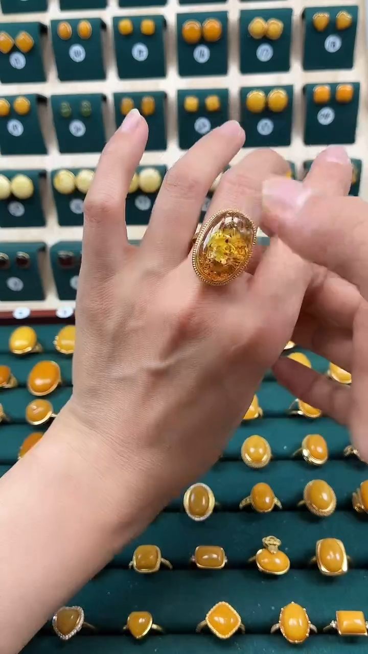 银S925镶嵌琥珀戒指精品花珀戒指