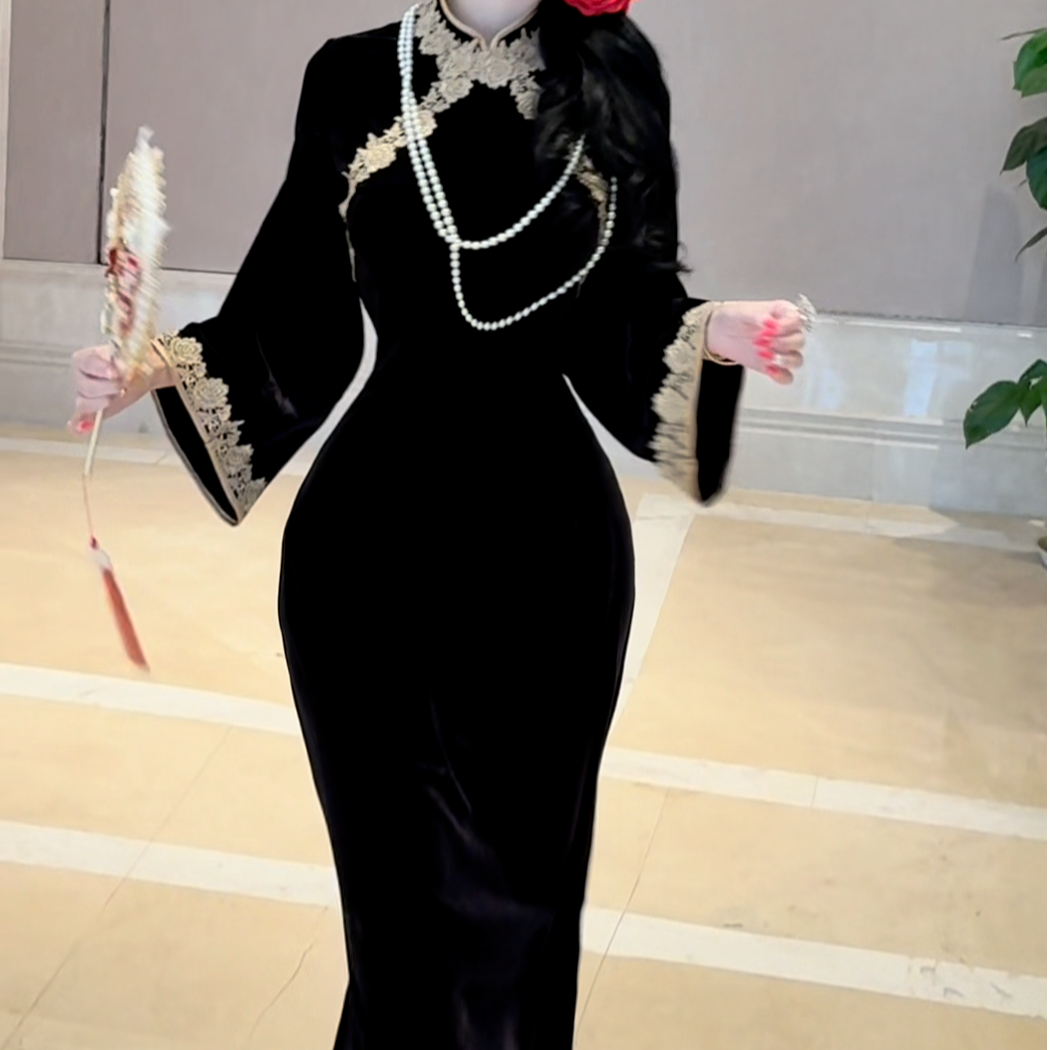 LHMknk1画报夫人原创自制高级金边玫瑰丝绒倒大袖旗袍  炙金玫瑰