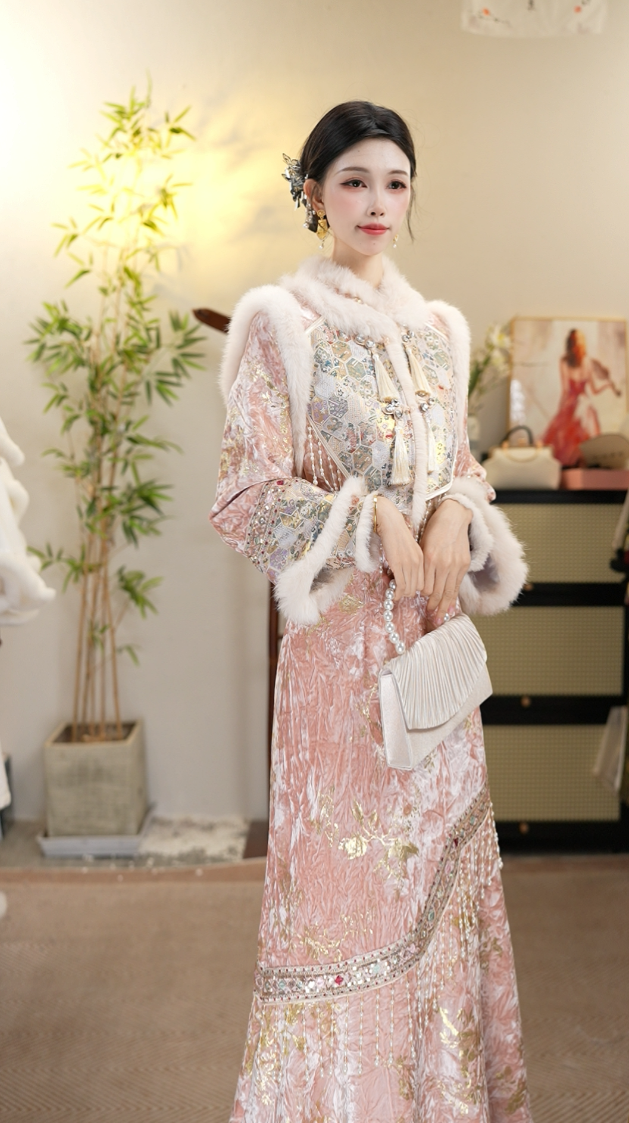 【花想容·粉裘金阁】新中式女装冬款马甲旗袍人间富贵穿搭5864+5874