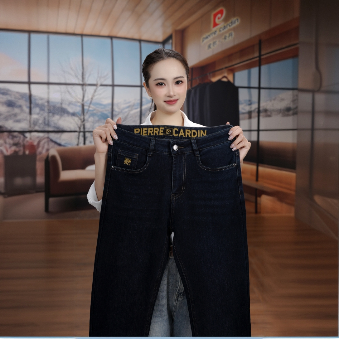 皮尔卡丹【胜罗蓝系】秋冬厚款/加绒宽松舒适有弹力刺绣牛仔长裤