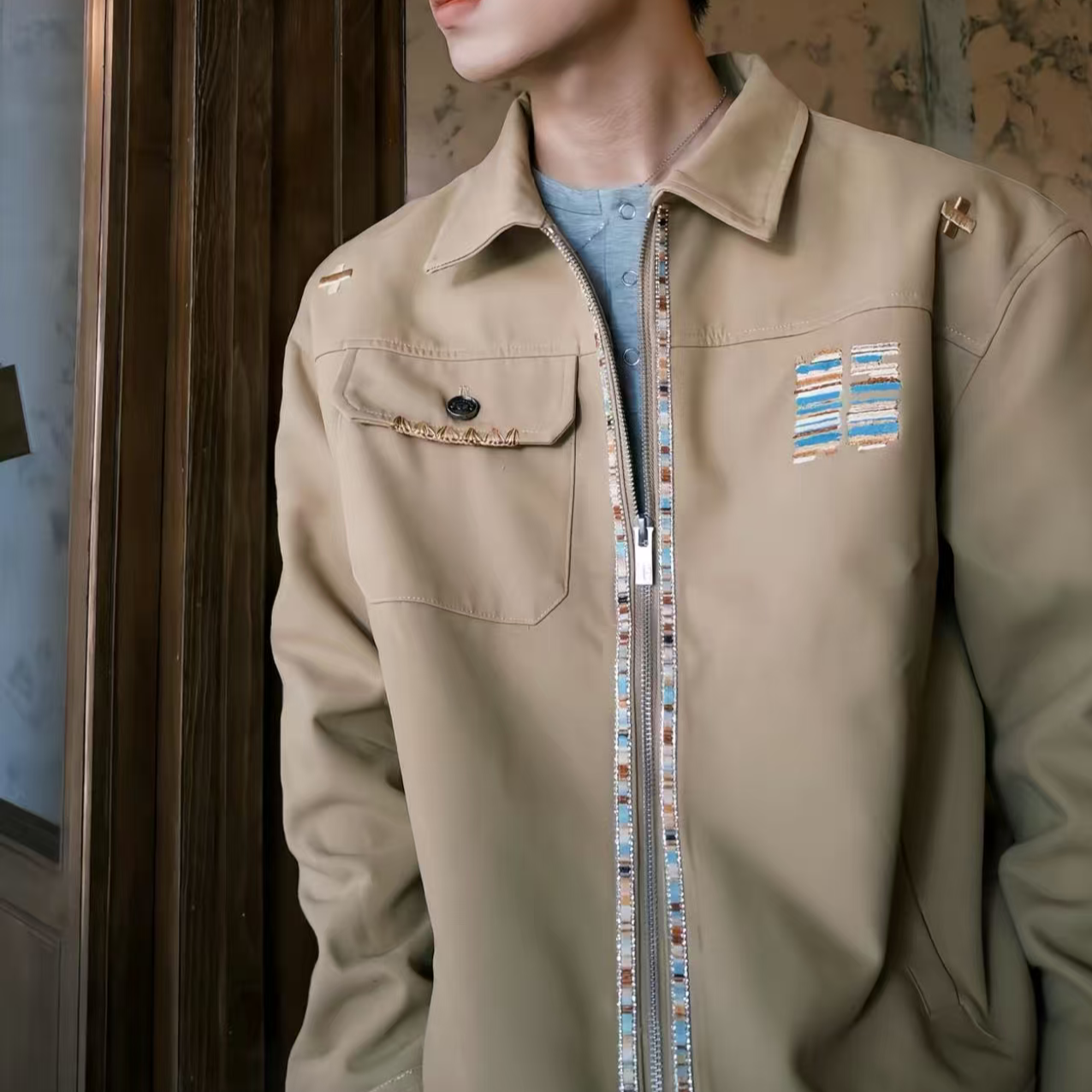 6165 美式复古刺绣翻领外套男女新款宽松设计感情侣百搭工装夹克