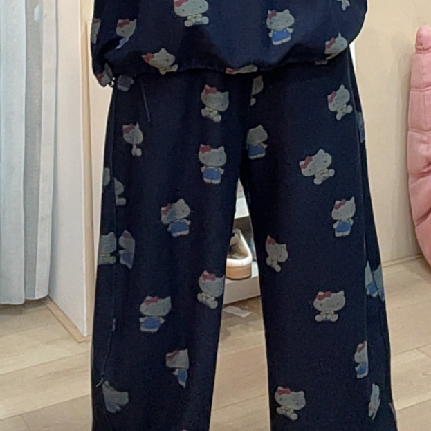 1105韩国东大门爆款针织牛仔印花KT猫卫裤加绒加厚女卫裤