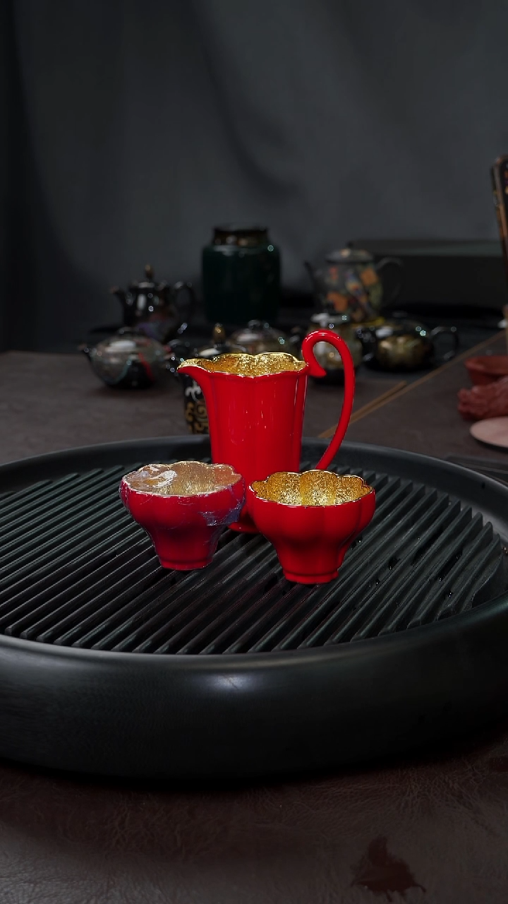 【闪购商品】杯【宜景窑中国红鎏金】公道+2小曼套组礼盒