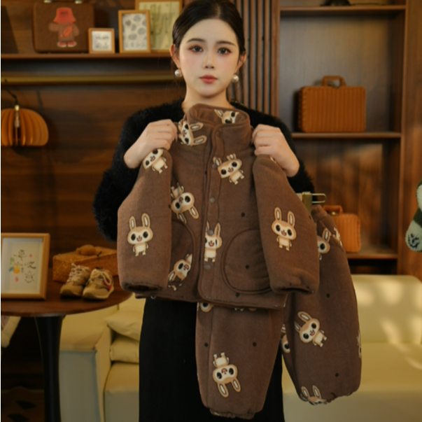 男女童冬季家居服新款加厚加绒套装儿童条纹保暖套装