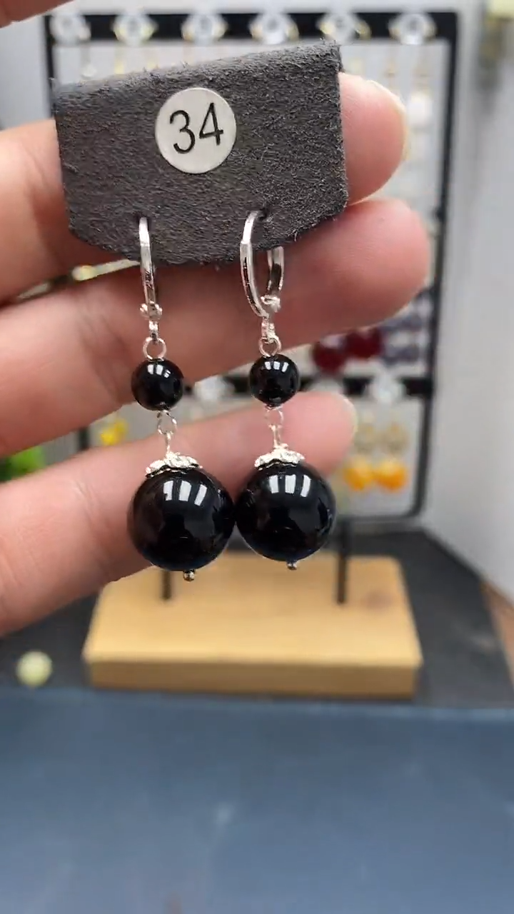 银S925镶嵌黑曜岩耳饰尺寸14mm耳扣连珠