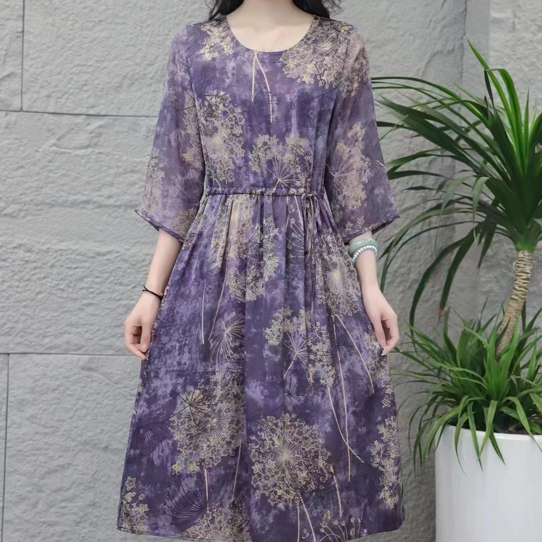 708（A紫色蒲公英）时尚百搭气质洋气夏季连衣裙复古 宽松收腰遮