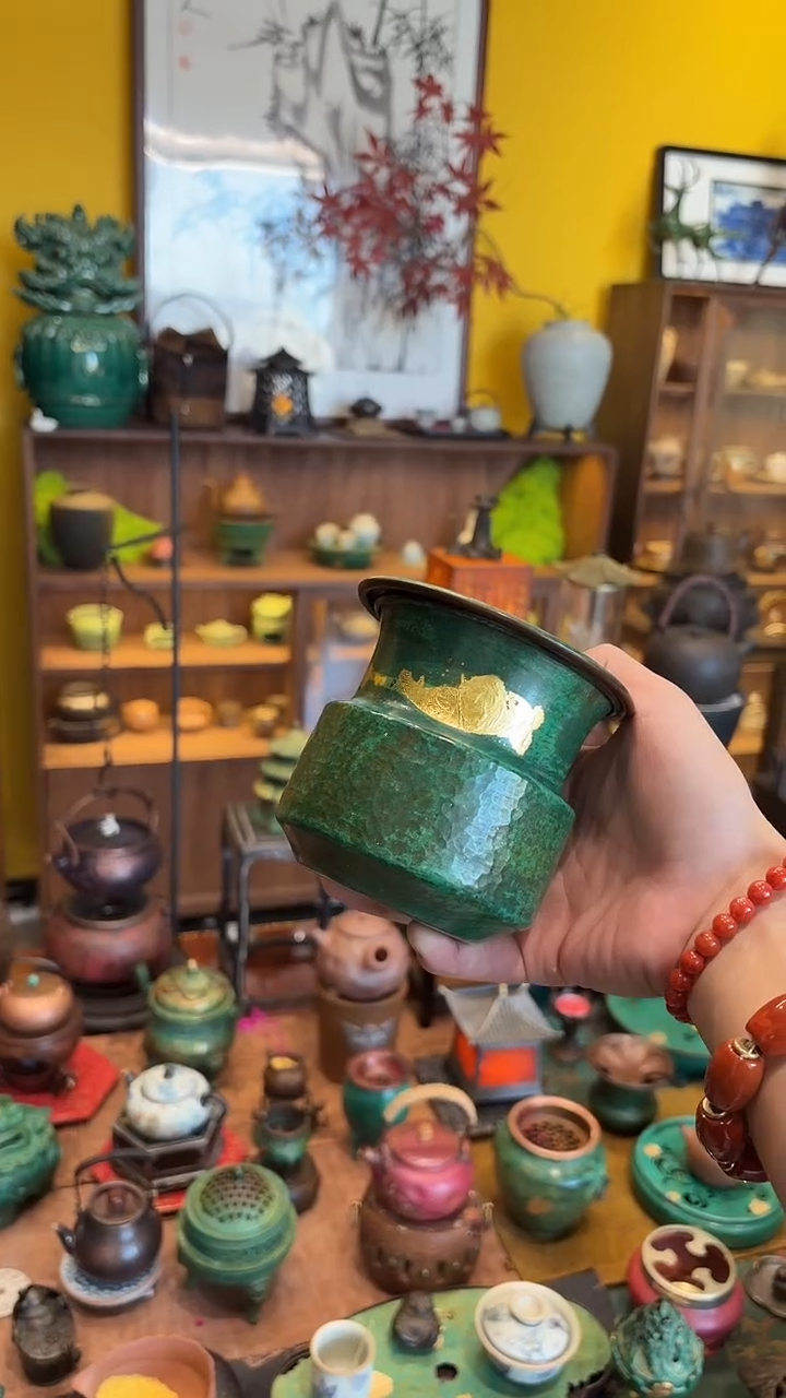 茶盏纯铜绿色金箔建水