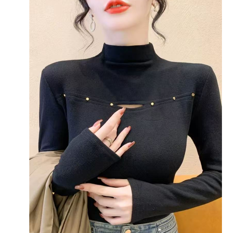 2025秋冬网红加薄绒钉珠镂空长袖半高领打底衫洋气百搭简约9166