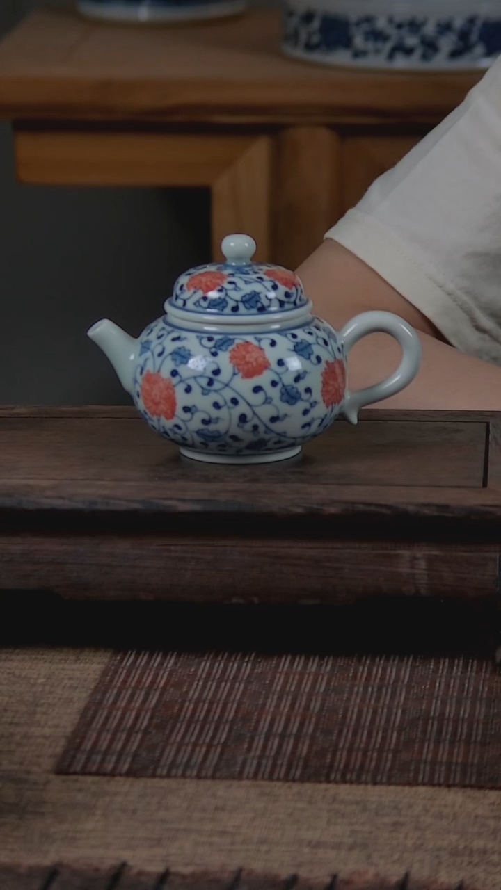 折葵非器手工手绘釉下红缠枝茶壶