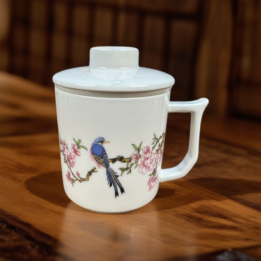 喜上眉梢茶水分离办公杯三件套羊脂玉瓷