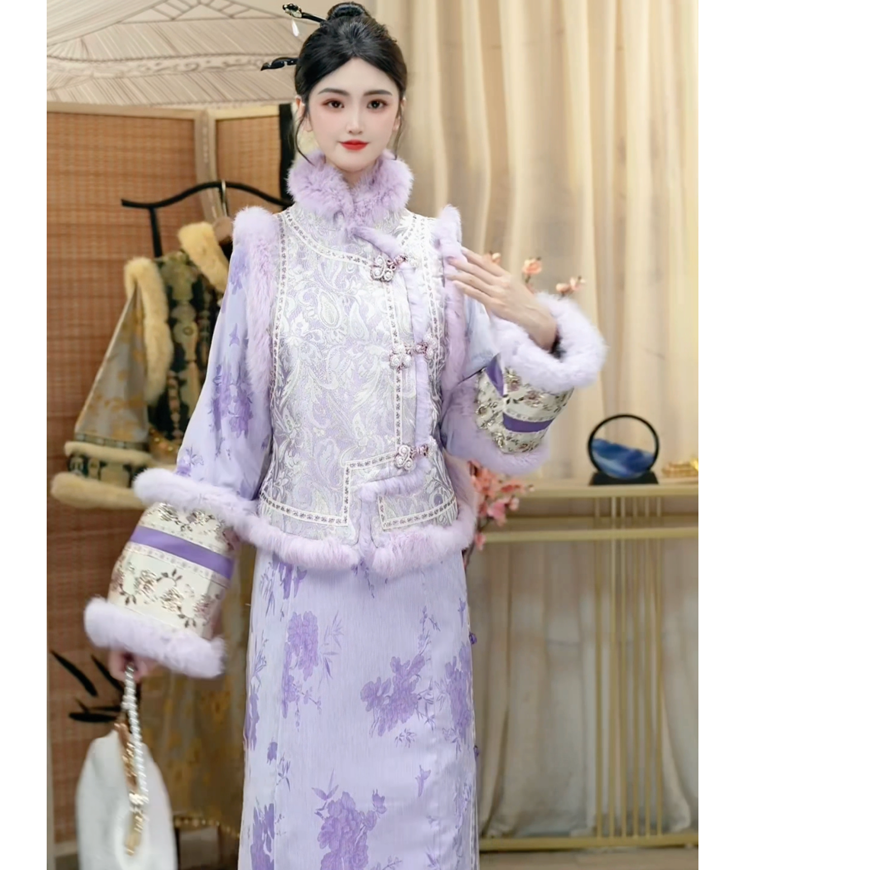 木木2025年秋冬季新款显瘦新中式加绒裙子套装（1201+1339)