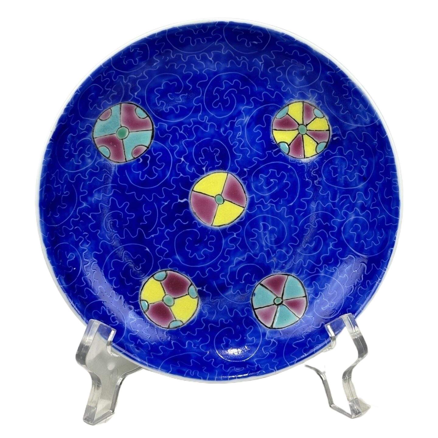 蓝地粉彩皮球花卉纹赏器7532