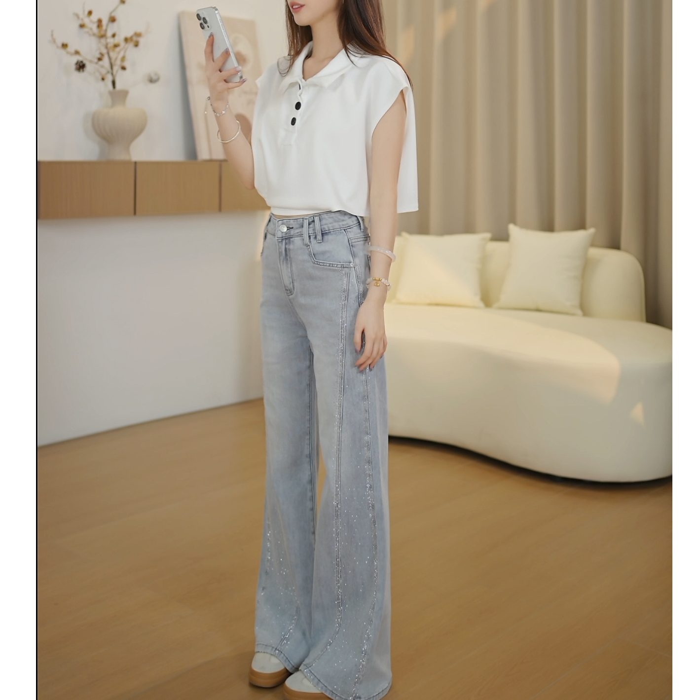 小个子高腰微喇牛仔裤小众亮片时尚复古设计感裤子