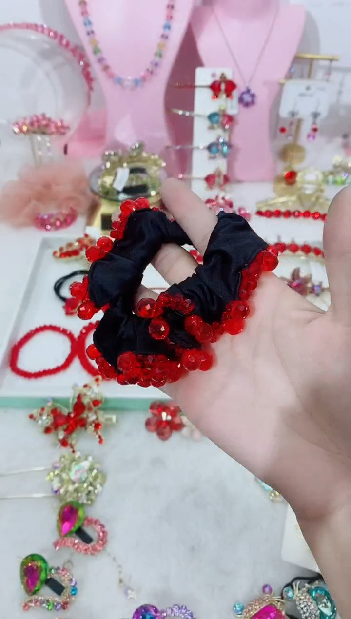 非金属布艺国庆大红色水晶头绳