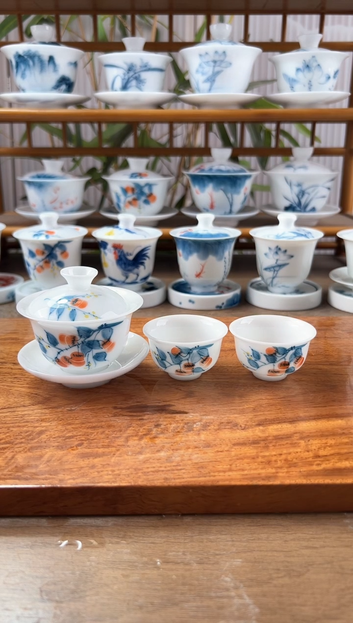 微瑕高冰柿子80ml三才盖碗+一口杯2个