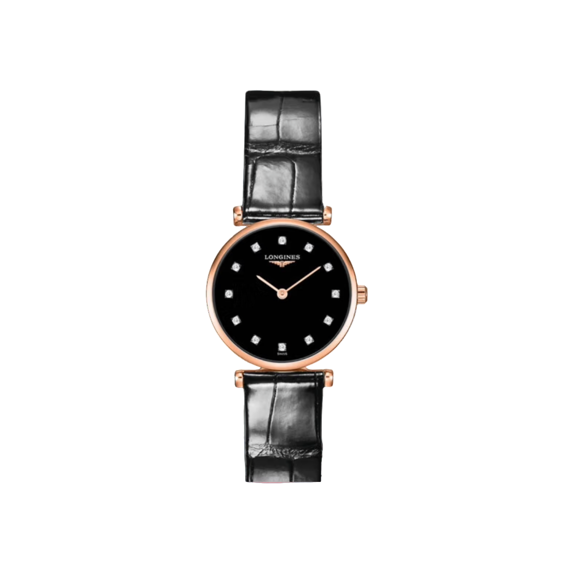 99新 Longines/浪琴 单表/嘉岚女表24MM石英/镀金皮带款/黑盘钻刻