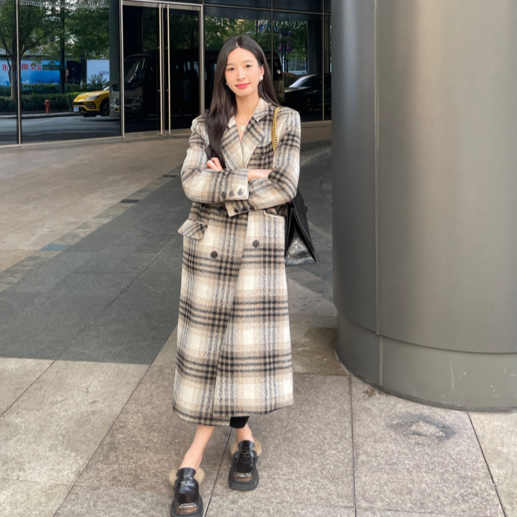 格子双面毛呢外套女2025新款秋冬赫本风高级感呢子大衣N350