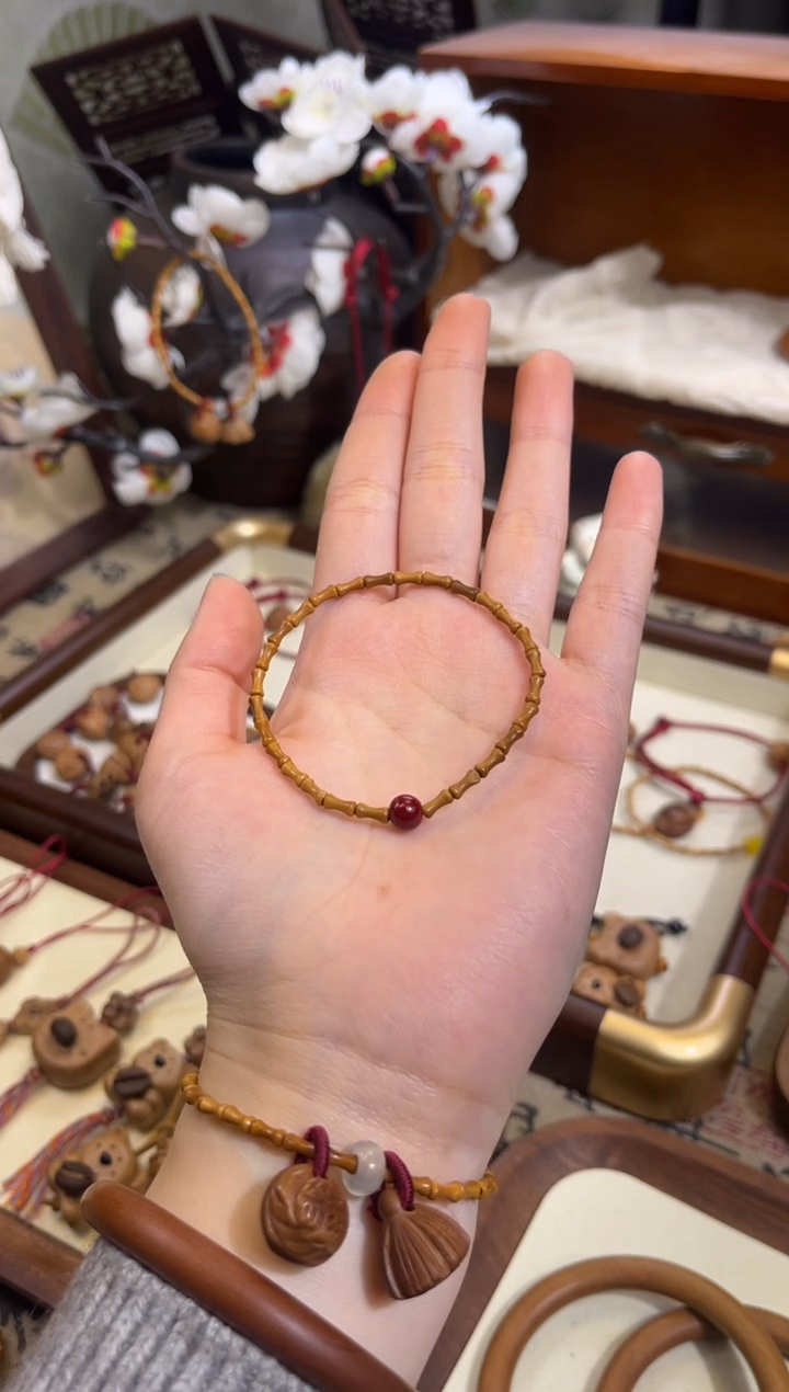 手串桃核【桃缘行】竹节「红色莎莎」桃木桃核辟、挡、驱、护 备注手围