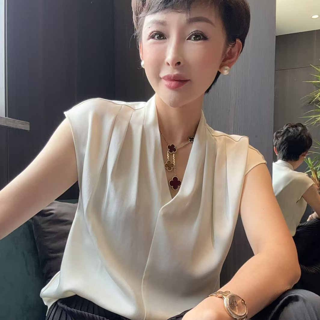 【冰爽面膜】法式风V领抽褶醋酸面膜T恤百搭背心AH713
