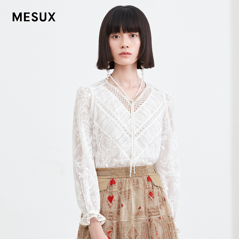 【许半夏专享】MESUX米岫秋精编蕾丝刺绣拼接上衣MJFUD