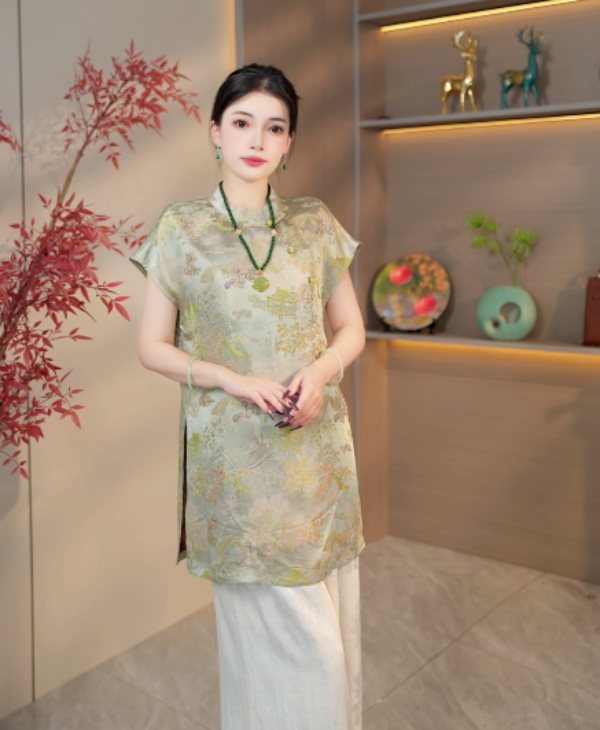 亭台楼阁~2025夏季新款桑蚕丝香云纱衬衫——中长款