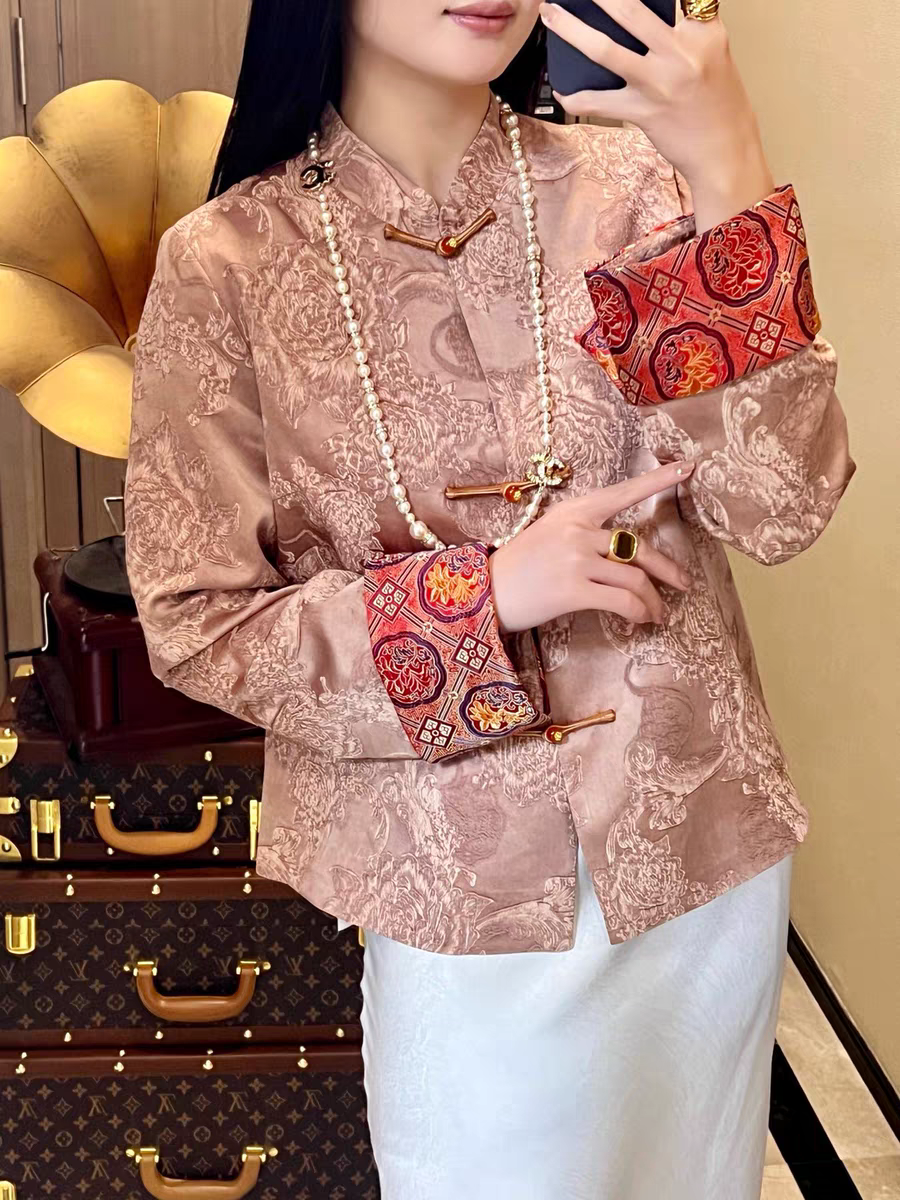 炒色人丝冠乐绉翻袖新中式长袖外套