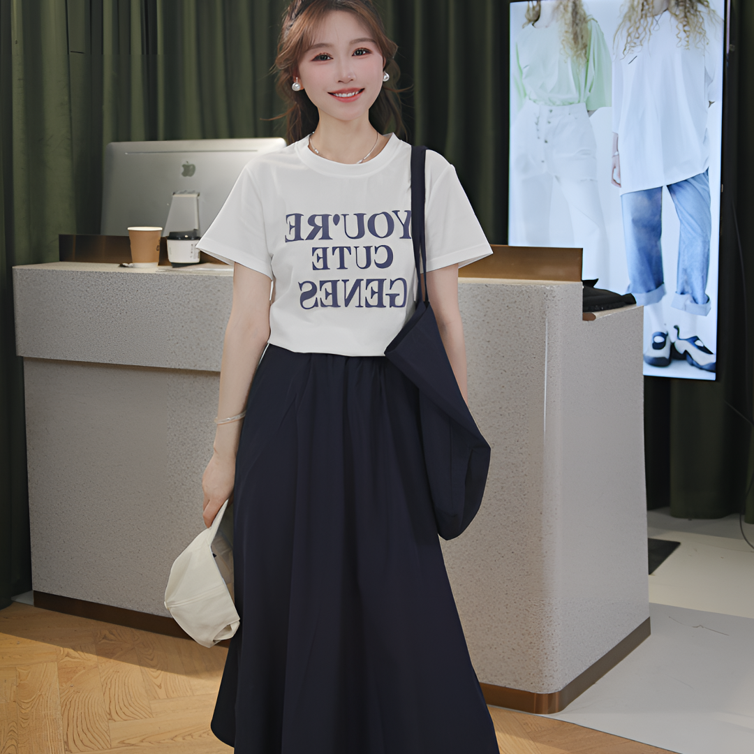 时尚减龄韩版学院风短袖白色T恤搭配丝巾半身裙套装