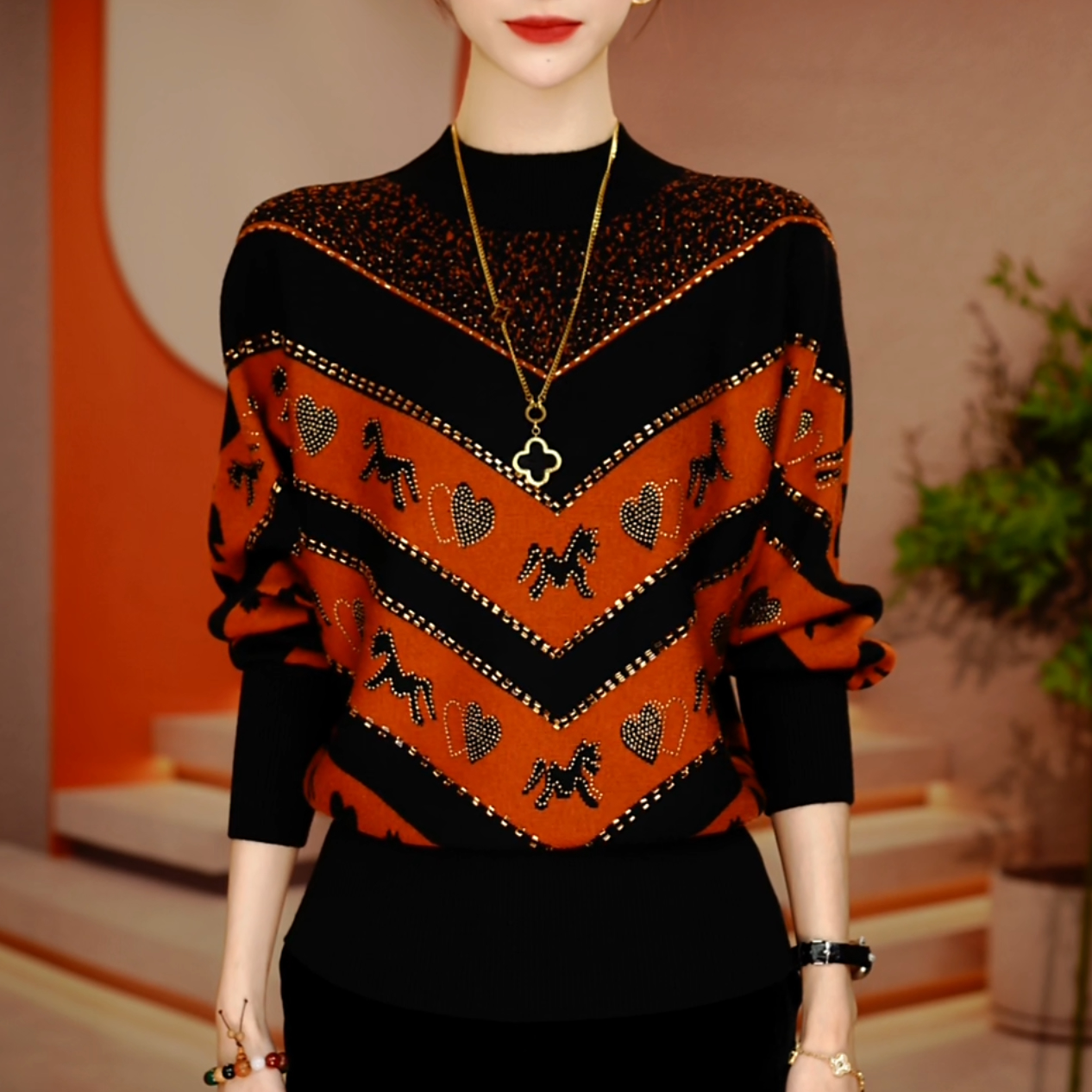 秋冬新款百搭显瘦减龄舒适透气女针织提花圆领衫上衣-P260020