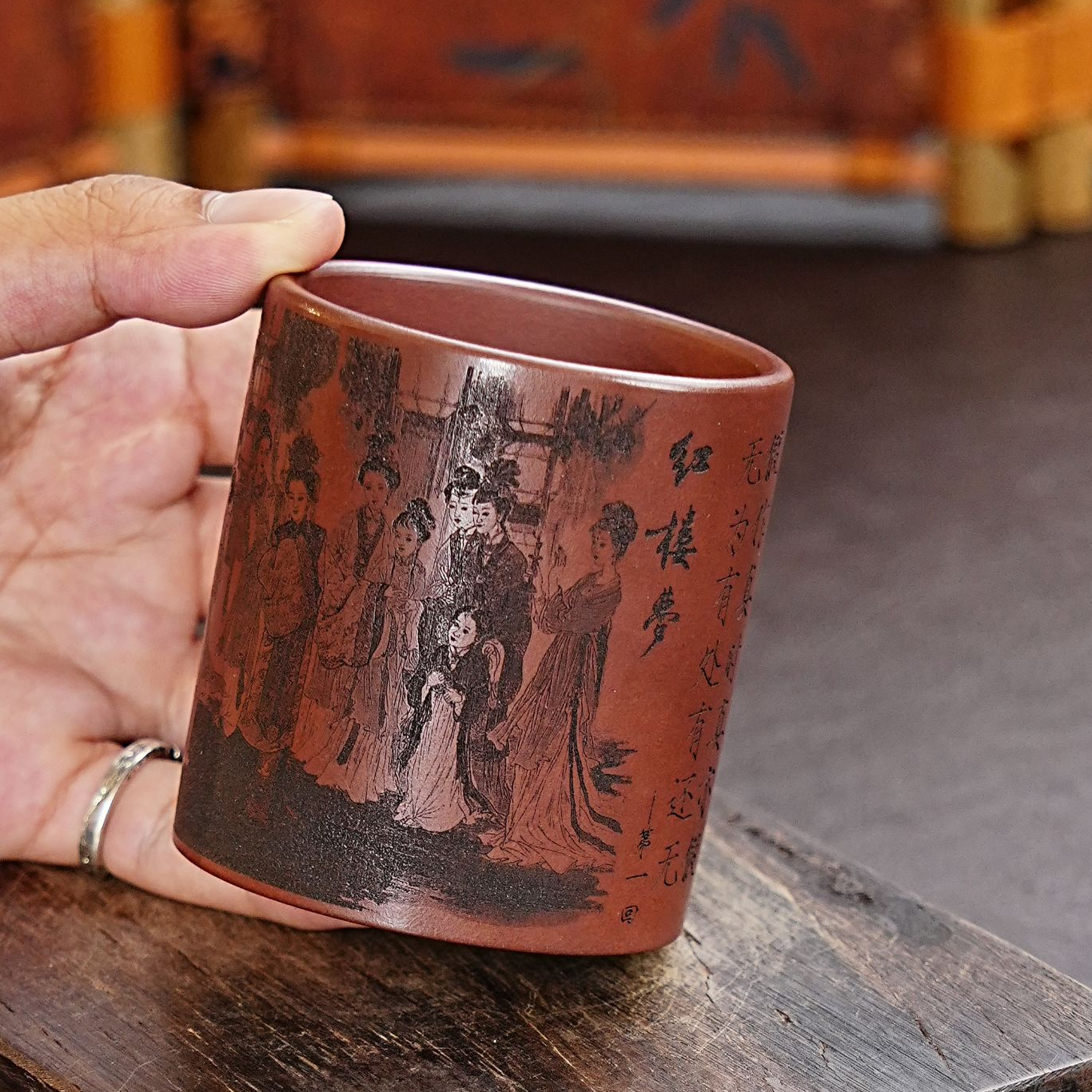 【2637红楼梦杯】宜兴原矿紫砂手工刻绘红楼梦主人杯 直筒杯