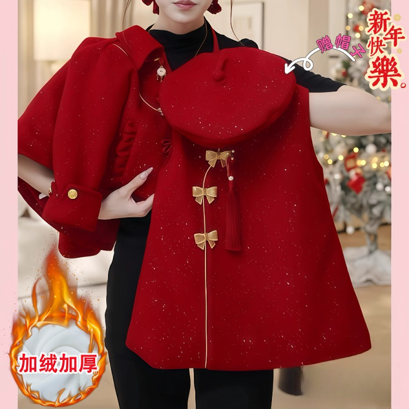 女童新中式红色加绒毛呢外套旗袍裙两件套冬装2025新款连衣裙年服