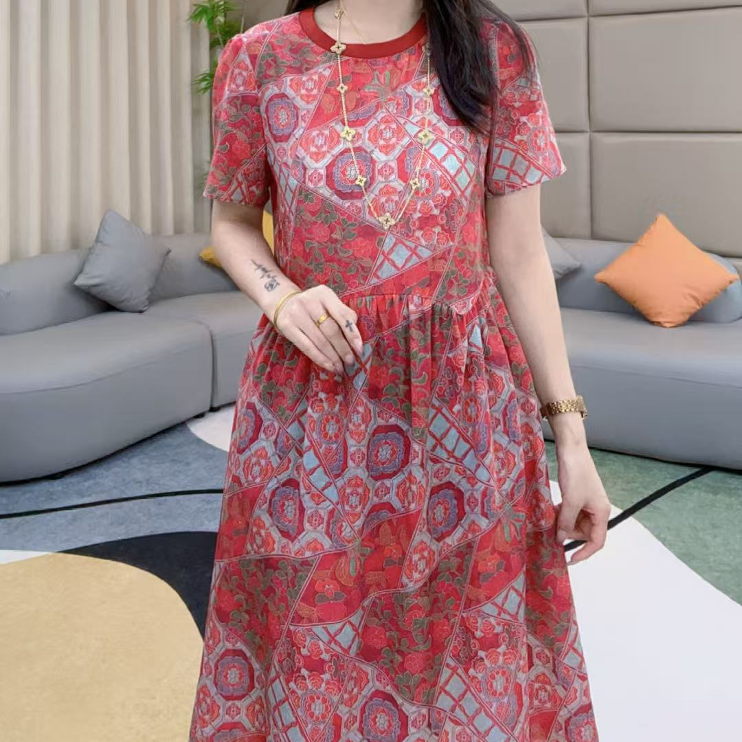 马洛克《静静心选》红色短款洋气时尚气质夏季显瘦真丝连衣裙80096