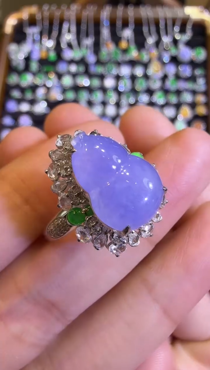翡翠戒指18K金镶嵌高冰紫罗兰葫芦戒指