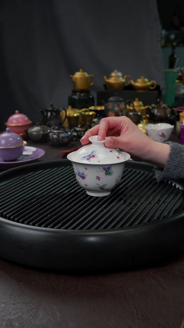 【闪购商品】杯【宜景窑手绘蝶舞】白色盖碗