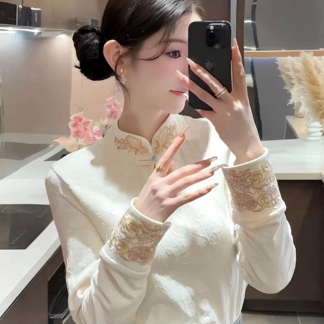 秋冬新中式立领气质盘扣刺绣衬衫加绒加厚刺绣提花长袖保暖上衣