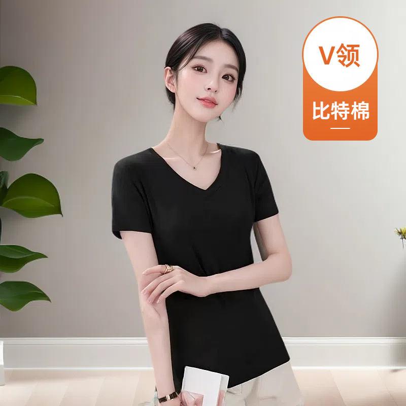 【V领】2025年夏季新款时尚百搭洋气遮肉修身显瘦螺纹短袖T恤