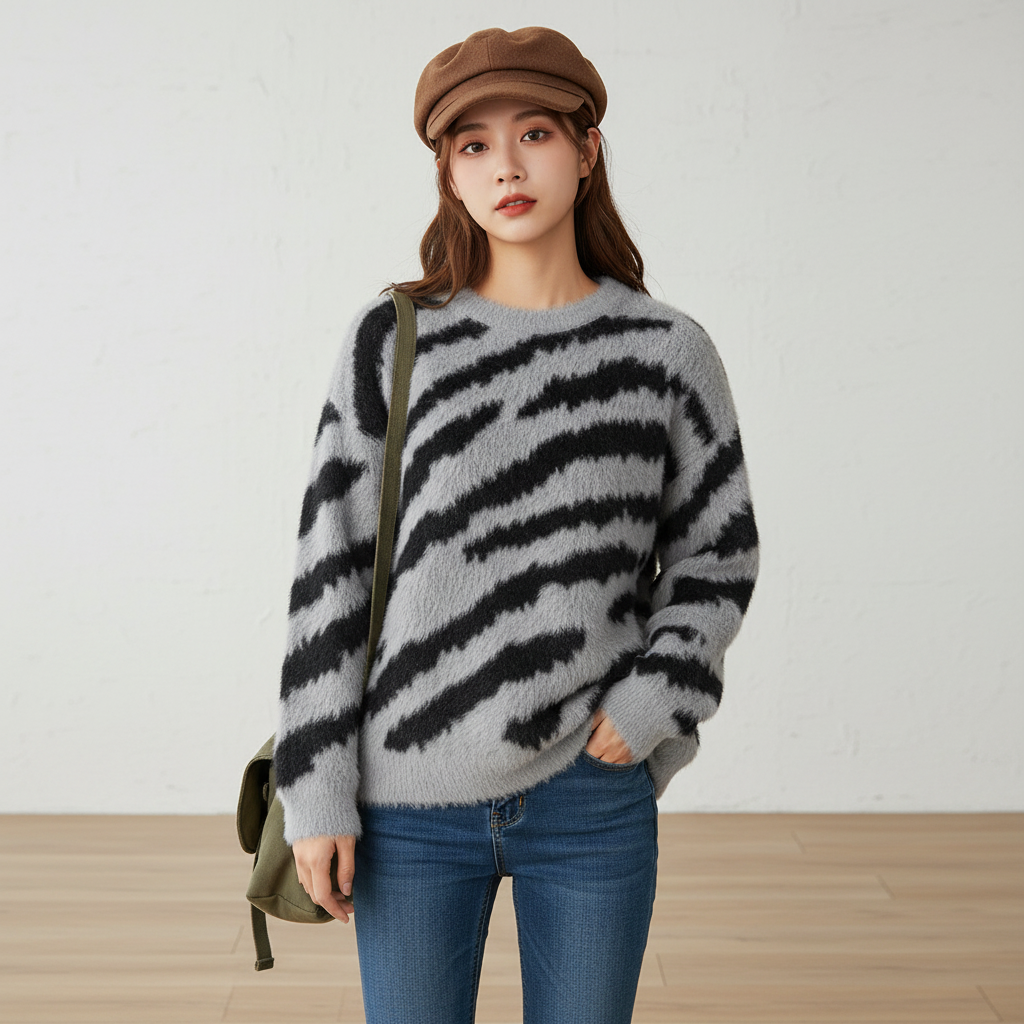秋冬斑马纹长袖针织毛衣针织衫加厚条纹百搭休闲