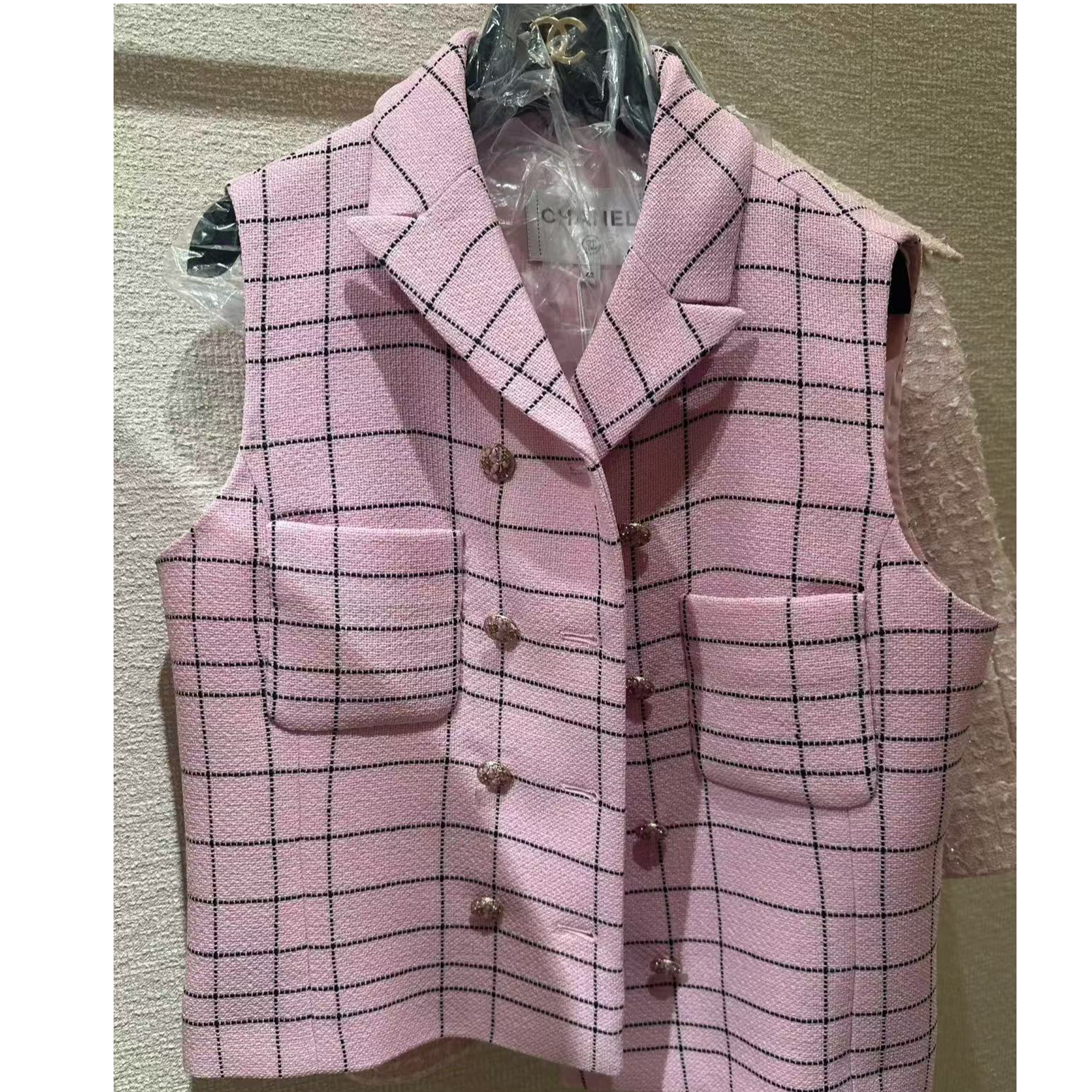 99新 Chanel/香奈儿 24S粉色格纹双排扣马甲 40码