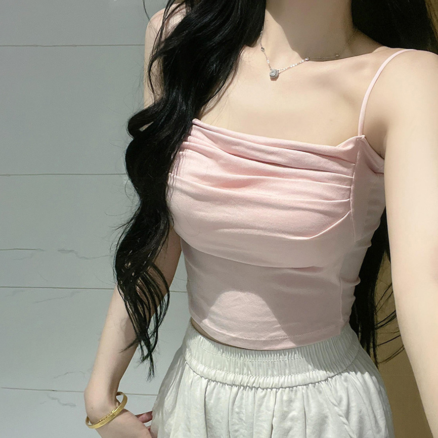 纯欲甜辣妹褶皱小吊带美背背心带胸垫裹胸修身打底显胸大抹胸上衣