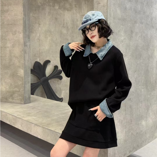 【小鑫】星辰晚景 大码胖mm韩系慵懒风牛仔翻领卫衣+半身裙套装