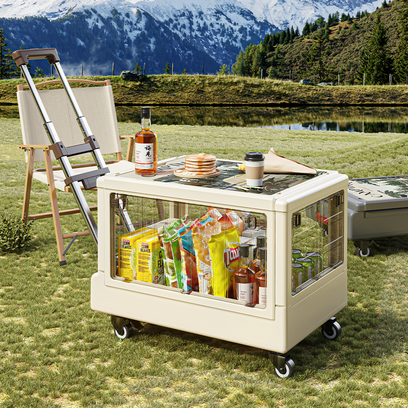 户外露营收纳箱大容量多开门汽车后备箱储物箱野餐折叠零食小推车