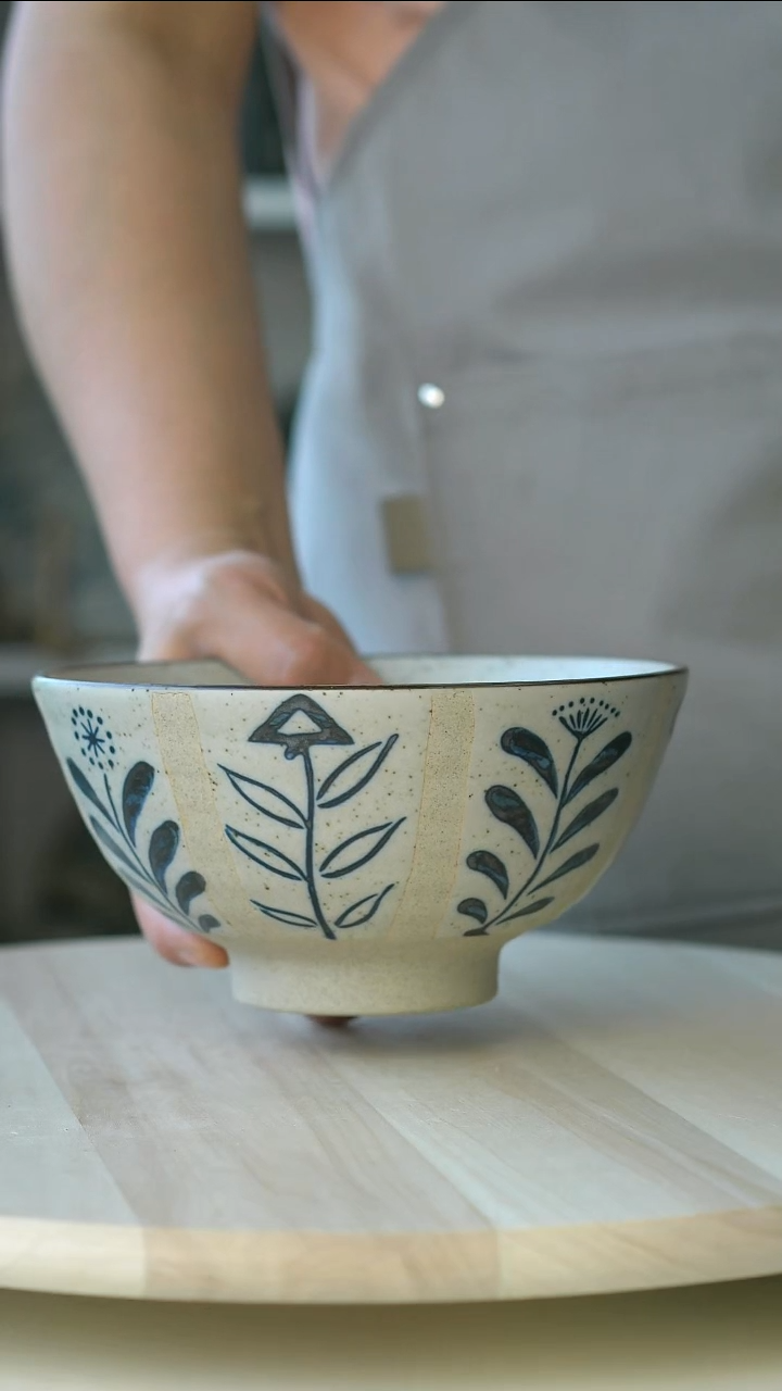 陶瓷青花手作百草花16cm面汤碗@4-2@