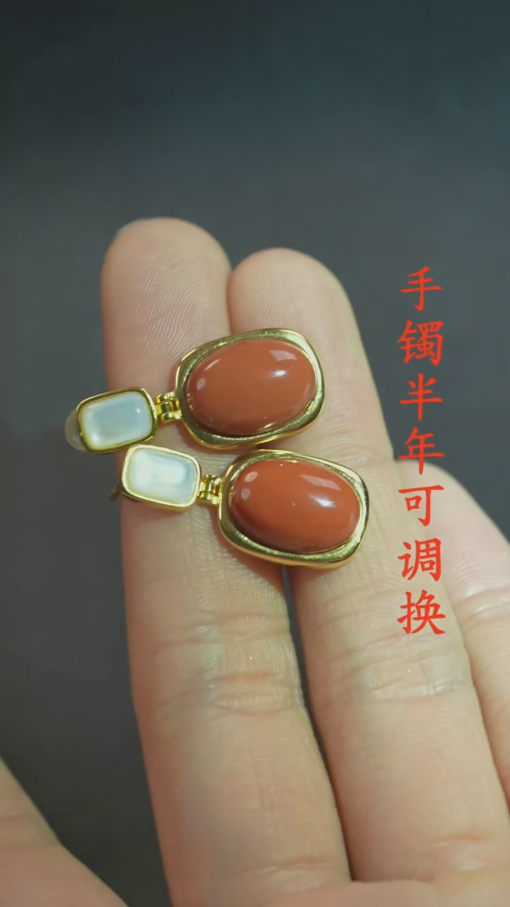 未镶嵌南红玛瑙耳钉老料满肉柿子红